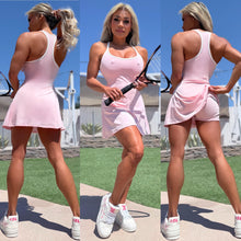 Connie's "Naughty 🎾 Tennis Pro RACERBACK Mini Dress" PINK with WHITE PIPING, Built in Sport Bra and Shorts, SPANDEX Stretch Fit