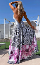 Connie's ***LIMITED*** "PARADISE PURPLE ORCHID SNOW LEOPARD" SILKY RHINESTONE 💎 ACCENT RAYON High Low Maxi, Eye Hook Opening Back and Chest, Cinchable tie front