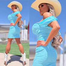Connie's "AQUA BLUE URBAN PRAIRIE GIRL MINI" OFF or ON Shoulder, Lace up Chest, STRETCH Eyelet Lace, Lined matching fabric