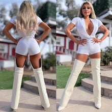 Connie's LIMITED "WHITE CLUB ROMPER 🍸" DEEP COWL PLUNGE with BOOTY PEEP, FULL stretch Fit No Zippers