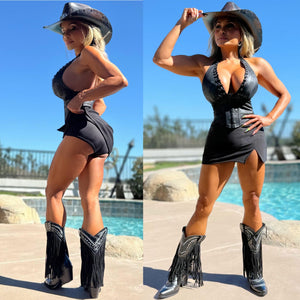 Connie's "WESTERN PLAINS BLACK X SUEDE Top & Mini Skirt 2 Pc SET" X SUEDE CORSET WAIST Halter top and Stretch Fit Mini Skirt with Built in Booty Shorts