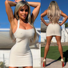 Connie's EXCLUSIVE "FARRAH'S RICH BONE WHITE BANDAGE MINI DRESS" SHORT HALTER! TIGHT and SNUG BODY SHAPING FIT, NO BRA NEEDED
