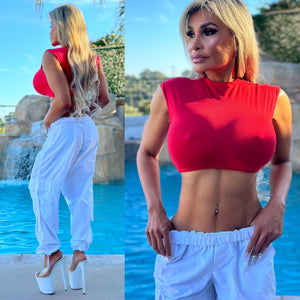 Connie's SIGNATURE SLEEVELESS WHITE Crop Top,  Double Fabric Support with Additional Elastic Underboob FIT ...  Made in the USA