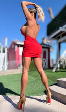 Connie's *EXCLUSIVE* "EXTRA SIDE CLEAVAGE RED SASH MINI" "EXTRA SHORT, Gold accent, Made in the USA