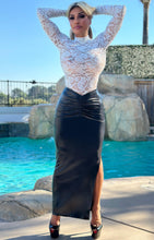 Connie's EXCLUSIVE "BLACK FULL STRETCH VIXEN SKIRT" Ruched Front, Shiny Black Stretch Fabric, Side Split