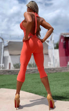 Connie's EXCLUSIVE "JUICY ORANGE EXTREME PLUNGE 🍸 CAPRI Jumpsuit" Adjustable Front Tie Sash, Sheen Fabric, Adjustable Backless Halter, Made in USA