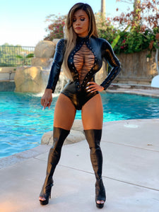 Connie's "VIP 🥂 Room Island 😈 Boss Girl" Stretch Black Coated Wet Look Bodysuit with Zip back closure
