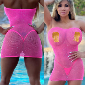 Connie's "Something PINK For Dessert 🍰 😈😈😈 " Extreme Stretch See 👀 Thru 🌟Sparkle🌟 MESH Lingerie Mini Dress🔥🔥🔥💯