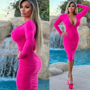 FINAL SALE Connie's "DeeeeP Plunge Chest 👀👀 Neon 🔥PINK🔥 Pencil ✏️ Midi... SUPER Stretch Fit...🥂🥂🥂