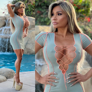 Connie's "VIXEN, MINT Weekend Mini" FULL STRETCH FIT and EXPOSED Lace Up Chest with Cute Citrus piping 🥵💋🥵