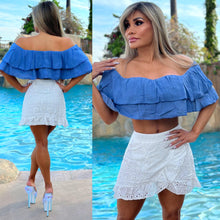 FINAL SALE Connie's TOP SHELF🥂 "Spanish Blue Jean Blue OFF SHOULDER Top" ... Cotton Gauze Outer ruffle and Lined Inner  💙💙💙
