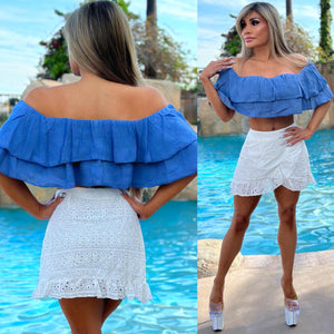 FINAL SALE Connie's TOP SHELF🥂 "Spanish Blue Jean Blue OFF SHOULDER Top" ... Cotton Gauze Outer ruffle and Lined Inner  💙💙💙