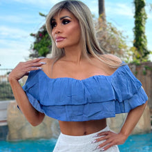 Connie's TOP SHELF🥂 "Spanish Blue Jean Blue OFF SHOULDER Top" ... Cotton Gauze Outer ruffle and Lined Inner  💙💙💙