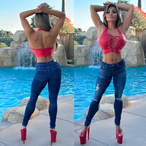 Connie's "❤️RED❤️ Stretch X-Leather Rubberized Halter Crop Top...🥂" Lace Up Chest and Perfect Fit Stretch SPANDEX 🥰