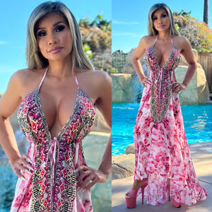 ***LIMITED*** Connie's LUX 🌴 Island BoHo Style, 🌴ISLAND🌴 Bougainvillea *Silk* High Low Maxi" With Hand Sewn 💎 Crystal Accents ...💯😘