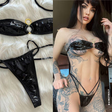 Connie's  VEGAS VIXEN "Infiniti GOLD 💎 ACCENT Shiny 🖤BLACK🖤 ✨ Patent X-Leather Thong BIKINI Set 🍸, Fully Adjustable, Lined ...  Made In Colombia 💋💋💋