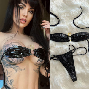 Connie's  VEGAS VIXEN "Infiniti GOLD 💎 ACCENT Shiny 🖤BLACK🖤 ✨ Patent X-Leather Thong BIKINI Set 🍸, Fully Adjustable, Lined ...  Made In Colombia 💋💋💋