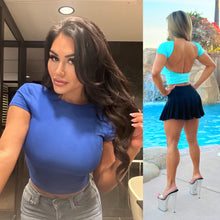 Connie's  "BAD 🐩 VIXEN BLUE 💙💙💙 OPEN BACK SHORT SLEEVE CROP Top" 🤫 Double fabric lining & Perfect Fit SPANDEX 🥰 Made in the USA😘
