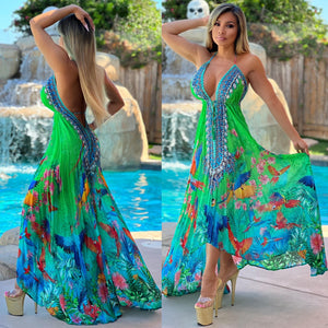 ***LIMITED*** Connie's LUX 🌴 Island BoHo Style, 🌴Hawaiian🌴 Birds 🐦🦜🦚🦜 Of Paradise   *Silk* High Low Maxi" With Hand Sewn 💎 Crystal Accents ...💯😘