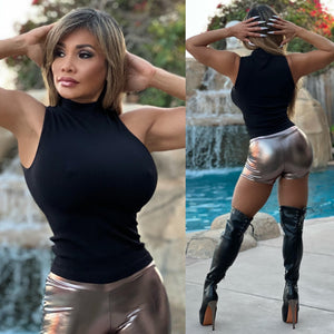 Connie's "VIP Vegas Club Girl St. Tropez Bronze 🌞, Metallic RUBBERIZED Stretch 💔 Breaker Mini Shorts 💔" ...Made in the USA😘