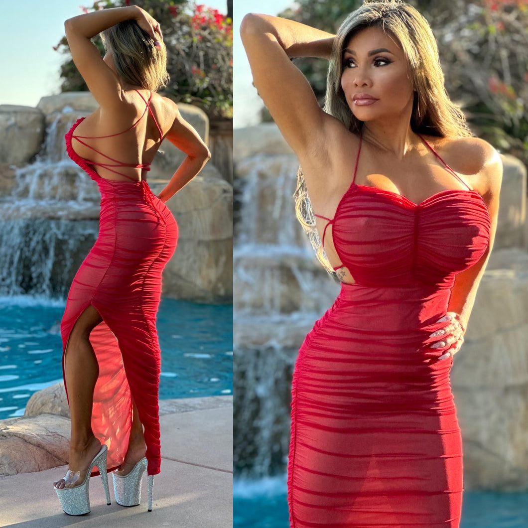 Connie's RED ❤️❤️❤️ VIXEN Evening Sexy Mesh MAXI 🍸🍸🍸 with Open Side Cleavage 👀 and Thigh Split ... Made in USA🥂🥂🥂