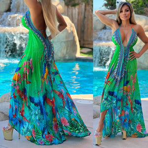 ***LIMITED*** Connie's LUX 🌴 Island BoHo Style, 🌴Hawaiian🌴 Birds 🐦🦜🦚🦜 Of Paradise   *Silk* High Low Maxi" With Hand Sewn 💎 Crystal Accents ...💯😘