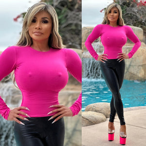 Connie's TOP SHELF "BAD 🐩 🔥PINK🔥 LONG SLEEVE Top...🥂" 🤫 Double fabric lining & Perfect Fit SPANDEX 🥰 Made in the USA😘